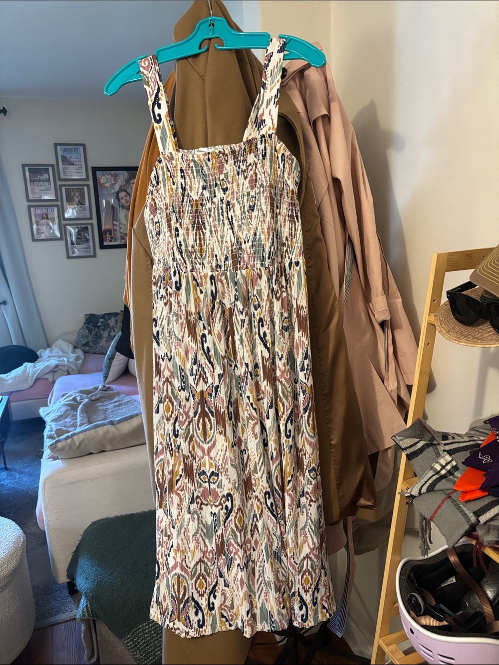 Reitmans Multi Ikat Smocked Midi Dress in Cream, Navy & Rust